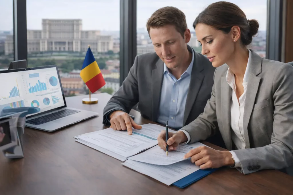 Asesores revisando documentación para registrar el nombre de una empresa en Rumanía