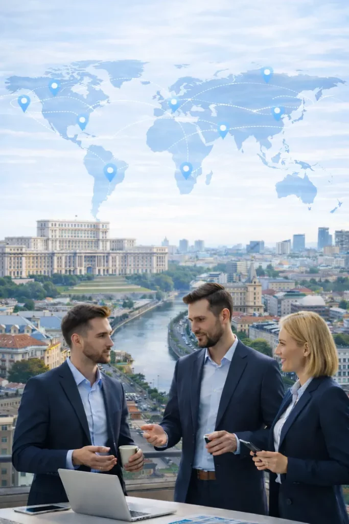 Mapa mundial con Bucarest destacada como destino empresarial dentro de la Unión Europea