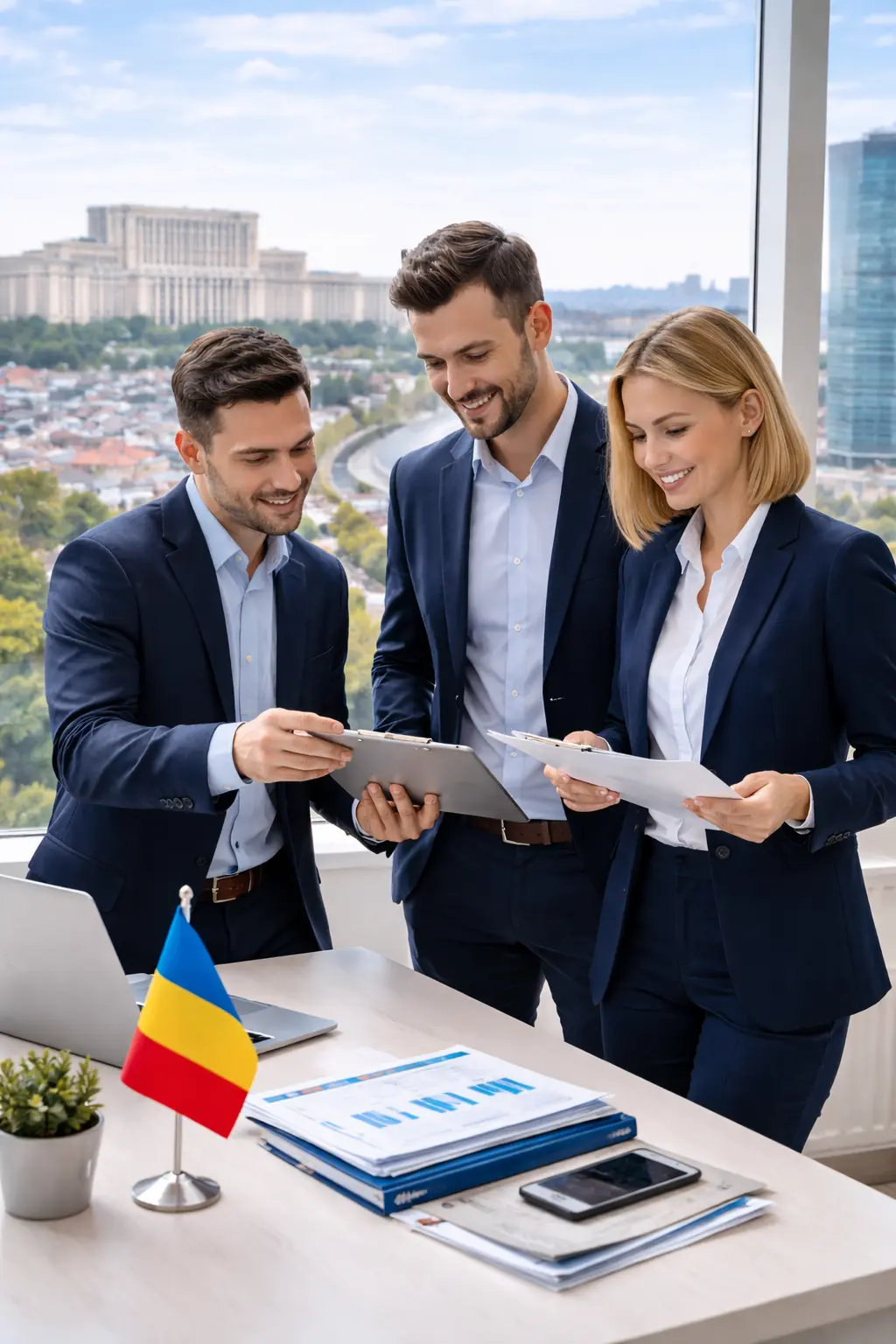 Equipo de asesores fiscales y contables de Pymemos en Rumanía con bandera rumana