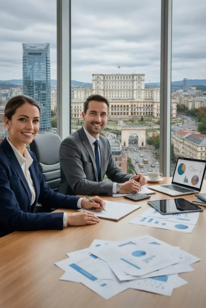 Asesores especializados en creación de empresas en Rumanía con vista al Palacio del Parlamento de Bucarest