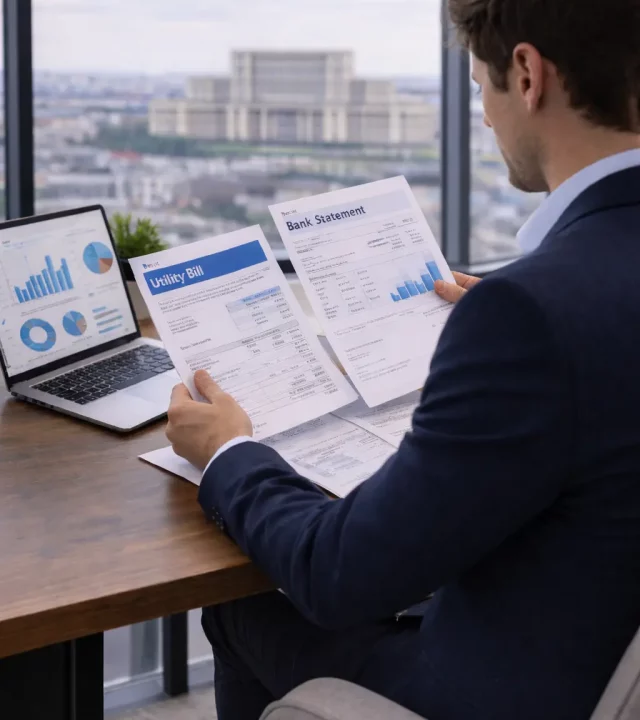 ALT: Empresario revisando documentación financiera para constituir una SRL en Rumanía con vista al Palacio del Parlamento de Bucarest