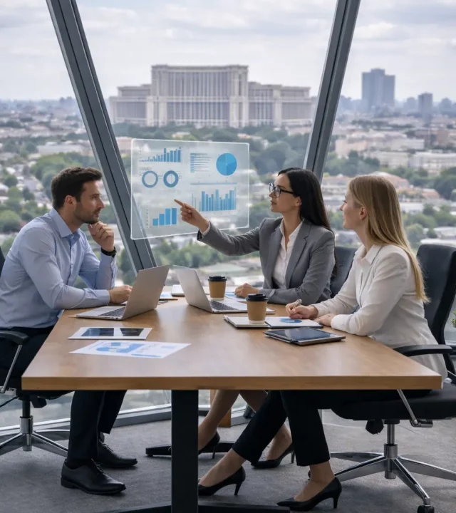 Equipo de asesores analizando el régimen de microempresa en Rumanía con vista al Palacio del Parlamento de Bucarest