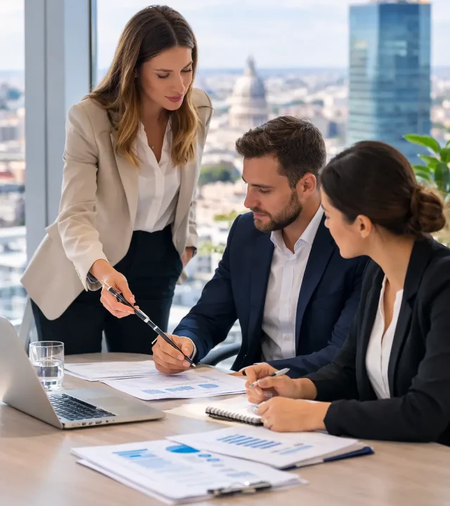 Asesora explicando el proceso de constitución de empresa en Rumanía a clientes en reunión de trabajo