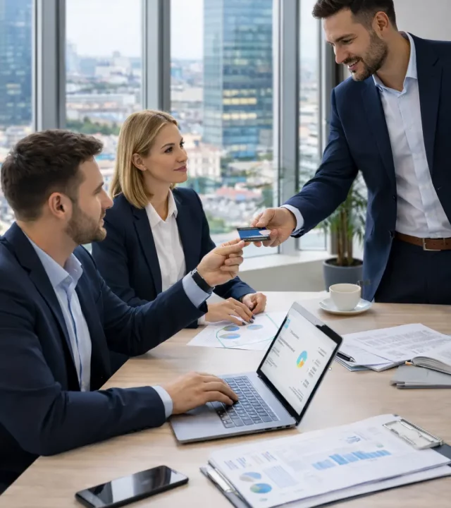 Empresarios abriendo una cuenta bancaria empresarial en Rumanía y recibiendo una tarjeta de la entidad