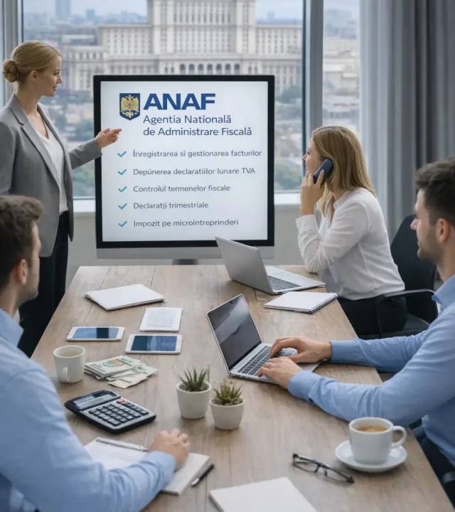 Equipo de contables gestionando la contabilidad mensual y declaraciones fiscales ante ANAF en Rumanía