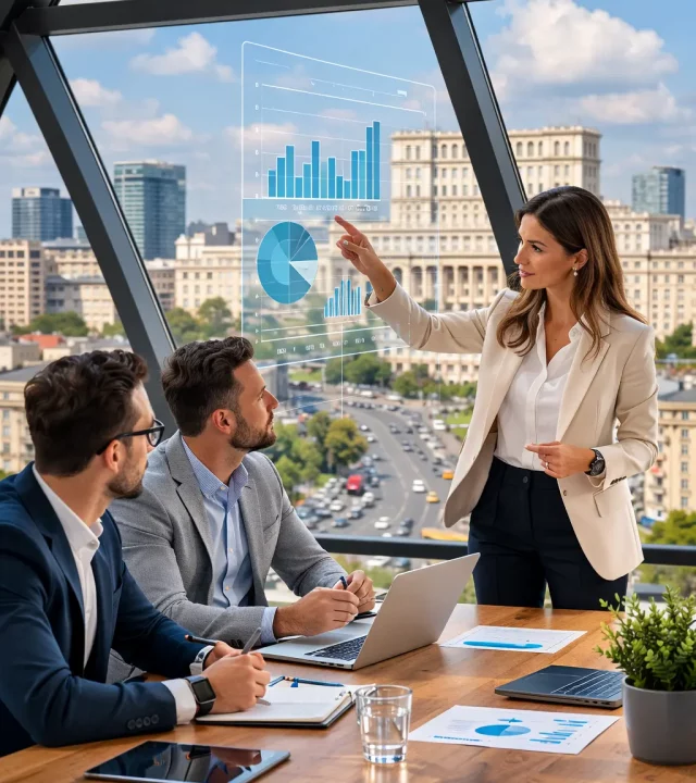 Asesora presentando servicios para crear empresa en Rumanía con vista al Palacio del Parlamento de Bucarest