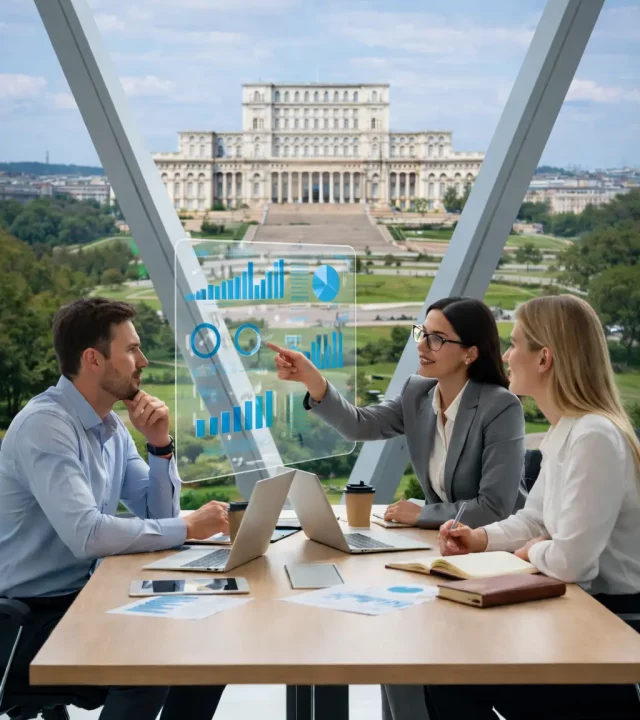 Equipo de asesores especializados en empresas en Rumanía reunidos con vista al Palacio del Parlamento de Bucarest