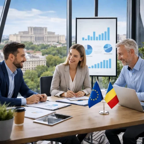 Consultores financieros analizando gráficas de inversión con las banderas de Rumanía y la Unión Europea.